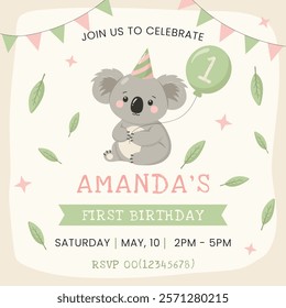 Birthday invitation card with cute koala. First birthday party vector template 