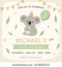 Birthday invitation card with cute koala. First birthday party vector template