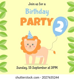 Birthday invitation card with cute lion and blue balloon. Two year birthday party. Lovely cartoon animal character. Vector illustration