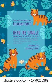 Birthday invitation card with cute little tigers. Ready-made vertical invitation design for birthday parties. Colorful flat vector illustration with text and jungle leaves frame.