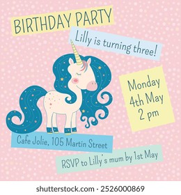 Birthday invitation card with a cute unicorn