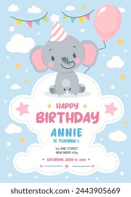 Birthday invitation card design with cute elephant and balloon. Vector illustration of template on colorful background. Invitation for children. Ready to use and editable template.