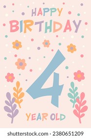 Birthday invitation card design with number and flowers. Four years. Vector illustration of template on pastel background. Invitation for children and adults.
Ready to use and editable template. svg