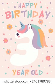 Birthday invitation card design with number and unicorn. Three years. Vector illustration of template on pastel background. Invitation for children and adults. Ready to use and editable template.