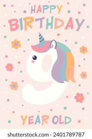 Birthday invitation card design with number and unicorn. Nine year. Vector illustration of template on pastel background. Invitation for children and adults. Ready to use and editable template.