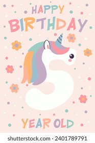 Birthday invitation card design with number and unicorn. Five year. Vector illustration of template on pastel background. Invitation for children and adults. Ready to use and editable template.