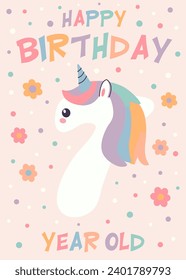 Birthday invitation card design with number and unicorn. Seven year. Vector illustration of template on pastel background. Invitation for children and adults. Ready to use and editable template.