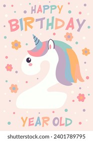 Birthday invitation card design with number and unicorn. Two year. Vector illustration of template on pastel background. Invitation for children and adults. Ready to use and editable template.