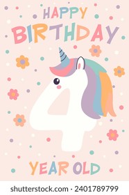Birthday invitation card design with number and unicorn. Four year. Vector illustration of template on pastel background. Invitation for children and adults. Ready to use and editable template. svg