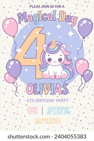 Birthday invitation card design with number, unicorn and balloons. Four year. Vector illustration of template on colorful background. Invitation for children. Ready to use and editable template. 