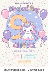 Birthday invitation card design with number, unicorn and balloons. Nine year. Vector illustration of template on colorful background. Invitation for children. Ready to use and editable template. 