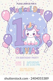 Birthday invitation card design with number, unicorn and balloons. One year. Vector illustration of template on colorful background. Invitation for children. Ready to use and editable template.