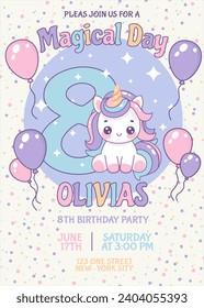 Birthday invitation card design with number, unicorn and balloons. Eight year. Vector illustration of template on colorful background. Invitation for children. Ready to use and editable template.