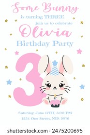 Birthday invitation card design with number and rabbit. Three year. Vector illustration with cute white bunny. Invitation for children in pink and blue color. Ready to use and editable template.