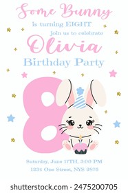 Birthday invitation card design with number and rabbit. Eight year. Vector illustration with cute white bunny. Invitation for children in pink and blue color. Ready to use and editable template. 