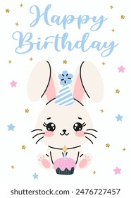 Birthday invitation card design with rabbit with birthday cupcake. Vector illustration with cute white bunny. Invitation for children in pink and blue color. Ready to use and editable template.