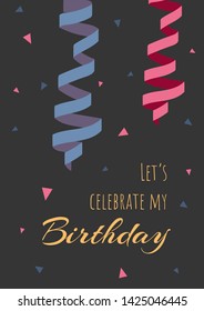 Birthday invitation card design with streamers on the black background.