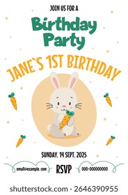 Birthday invitation card featuring an adorable bunny illustration. Perfect for children`s parties. 