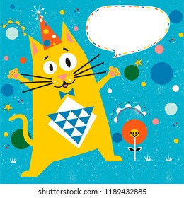 Birthday invitation card with funny smilling Cat with  speech bubble.
