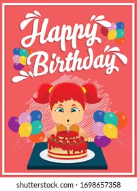 birthday invitation card for a Girl with red hair with strawberry red cake.

