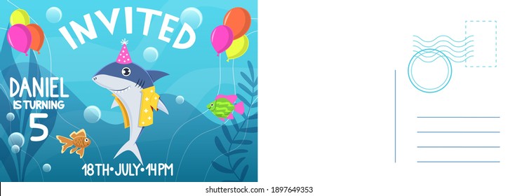 Birthday invitation card. Holiday card with flat bright colorful shark in cone hat and balloons, letter template with congratulate text, kids birthday party greeting cards vector cartoon illustration