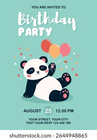 Birthday invitation card with a lying panda with balloons. Flat vector illustration.