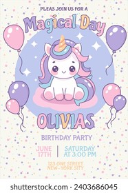 Birthday invitation card with magical cute unicorn and balloons. Children's birthday invitation template. Vector illustration on a colored background.