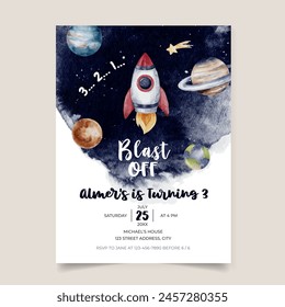 Birthday invitation card with outer space theme background template for boys, blast off rocket launch theme children birthday invitation