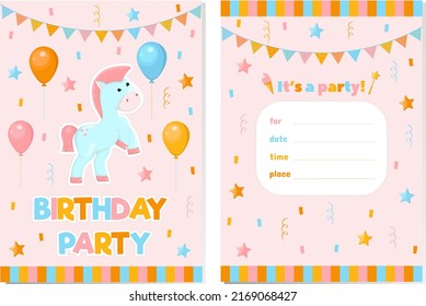 Birthday invitation card with ponies, rainbows and balloons. Vector children's illustration