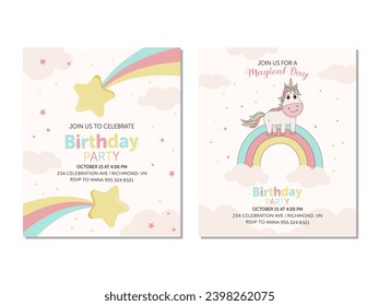  Birthday invitation card set with unicorn, rainbows, and stars.

