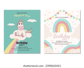 Birthday invitation card set with unicorn, rainbows, and clouds.