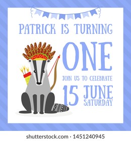 Birthday Invitation Card Template, Celebration Banner with Number One, Place for Text and Cute Raccoon Ethnic Animal Vector Illustration