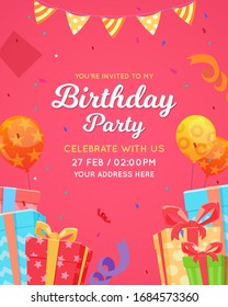 Birthday invitation card template for children party. with balloon,gift box, confetti,birthday cake