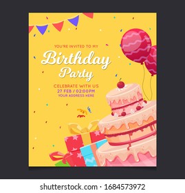 Birthday invitation card template for children party. with balloon,gift box, confetti,birthday cake