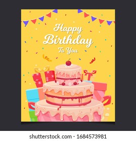 Birthday invitation card template for children party. with balloon,gift box, confetti,birthday cake