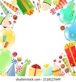 Birthday invitation card template for children party. Colorful frame of cartoon objects: gift boxes, cupcakes, firecrackers and birthday hats on a blue background. Vector 10 EPS.