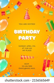 Birthday invitation card template for children party. Colorful frame of cartoon objects: gift boxes, balloons, firecrackers, birthday hats and banting flags on a yellow background. Vector 10 EPS.