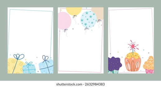 Birthday invitation card template clipart poster set. Happy birthday greeting card clip art with empty blank border frame background collection for text and typography vector illustration. 

