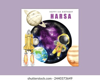 birthday invitation card template with cute space boy illustration