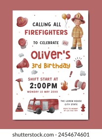 Birthday invitation card template with firefighter theme