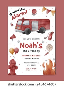 Birthday invitation card template with firefighter theme