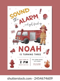 Birthday invitation card template with firefighter theme