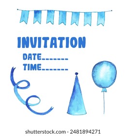 Birthday invitation card template. Hand drawn watercolor blue set of holiday elements.