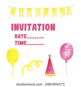 Birthday invitation card template. Hand drawn watercolor girly set of holiday elements.