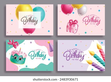 Birthday invitation card vector banner set design. Happy birthday greeting text with balloons floating, cake, gift box and candle colorful inflatable decoration elements. Vector illustration greeting 