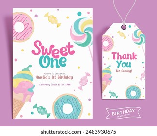 Birthday invitation card vector set design. Happy birthday thank you tag with candy sweets theme party for girl invitation template. Vector illustration birth day card design.  
