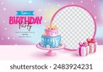 Birthday invitation card vector template design. Happy birthday invitation card with blank circle space for celebrant picture for girl party greeting template. Vector illustration card template.  
