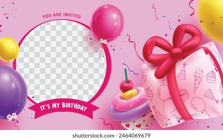 Birthday invitation card vector template. It's my birthday greeting with blank space for picture and inflatable gift, cup cake balloons decoration elements. Vector illustration birthday invitation 