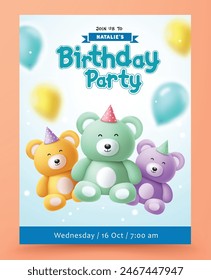 Birthday invitation card vector template design. Birthday party invitation card with cute lovely teddy bear decoration elements for kids event and celebration template. Vector illustration birthday 