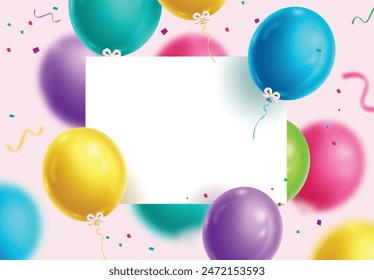 Birthday invitation card vector template design. Birthday greeting in white board empty space for typography with colorful balloons inflatable for party invitation card template. Vector illustration 